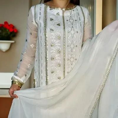 White & Gold Pakistani Dress with Shirt, Palazzo Pant, and Dupatta - Chiffon, Floral Embroidery, Lace, Mirror-look work, and ...