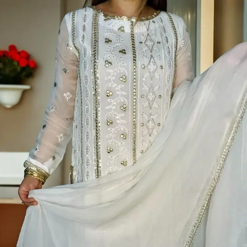 White & Gold Pakistani Dress with Shirt, Palazzo Pant, and Dupatta - Chiffon, Floral Embroidery, Lace, Mirror-look work, and ...