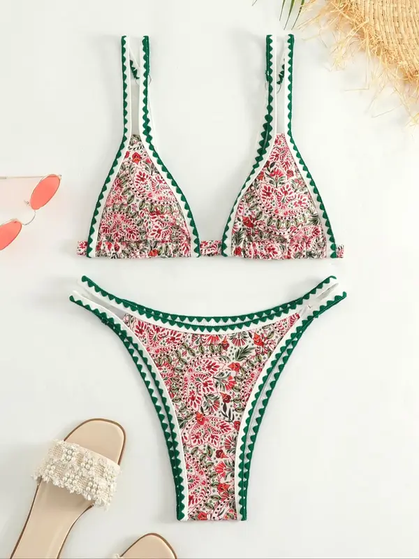 Women's All Over Ethnic Pattern Bikini Set, Contrast Binding Triangle Swim Bra & High Cut Swim Panty, Summer Beach Holiday Va...
