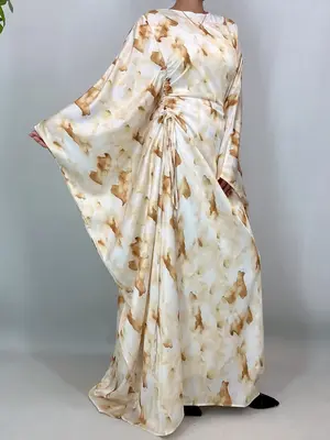 Women's Art Print Batwing Sleeve Long Robe Cardigan Set, Loose Fit Vacation Style Outerwear, Casual Fashion for Spring & Fall