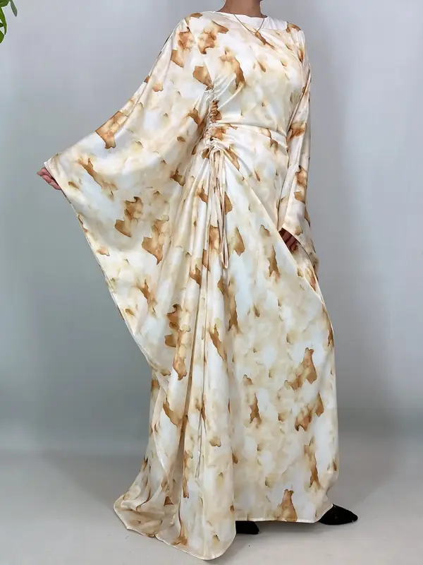 Women's Art Print Batwing Sleeve Long Robe Cardigan Set, Loose Fit Vacation Style Outerwear, Casual Fashion for Spring & Fall