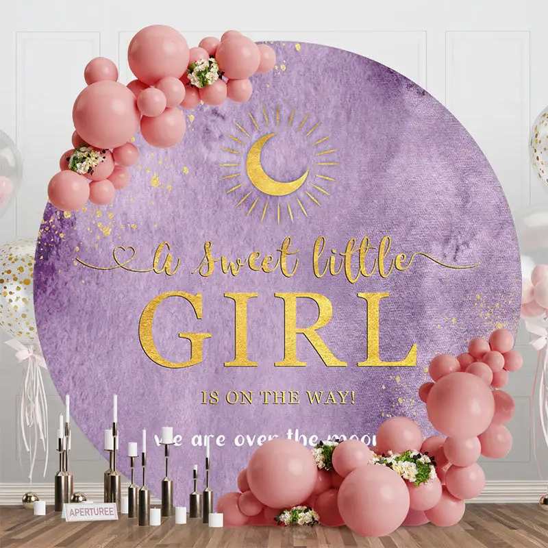 Aperturee Purple Night Gold Moon Round Baby Shower Backdrop, Diameter 5Ft/1.5M, 49 USD, round baby shower backdrops, RZH0F405...
