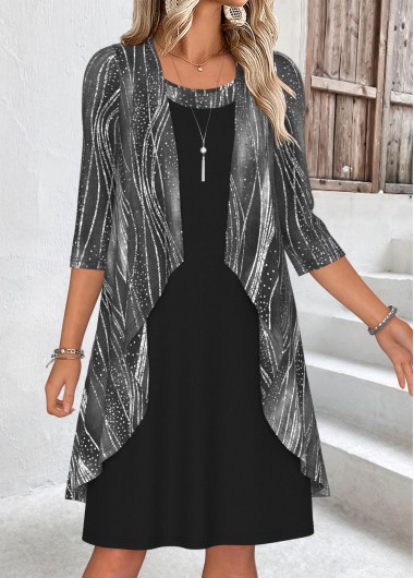 Modlily Black Tummy Coverage Geometric Print Dress and Cardigan - S