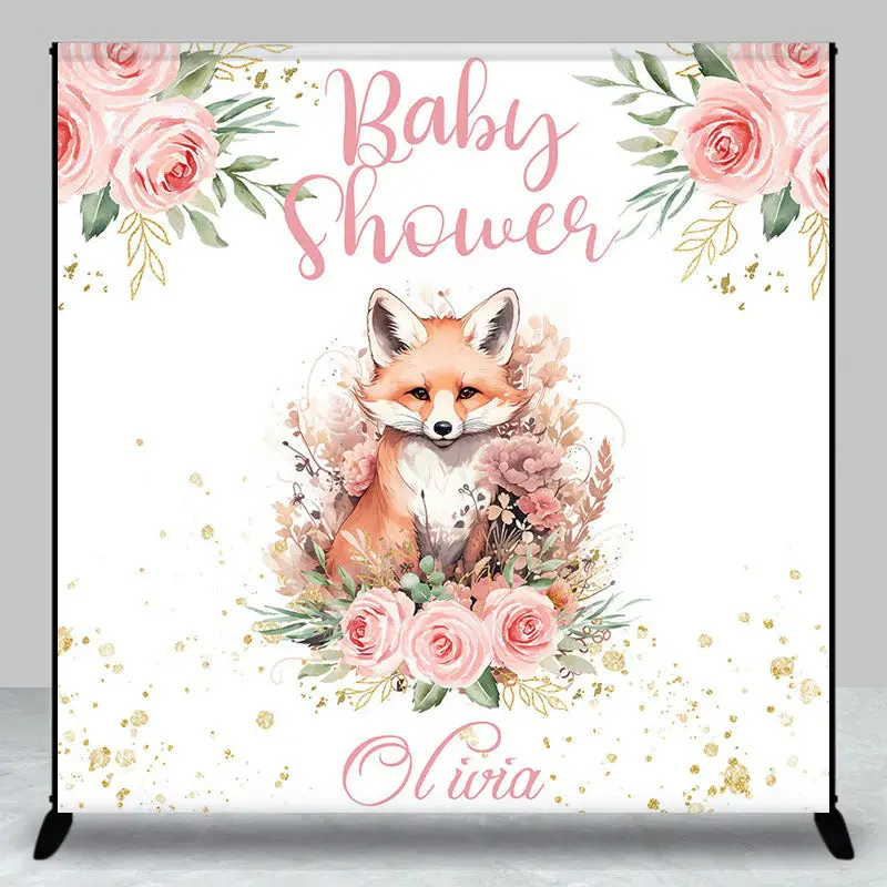 Pink Floral Fox Leaves Custom Baby Shower Backdrop - Aperturee