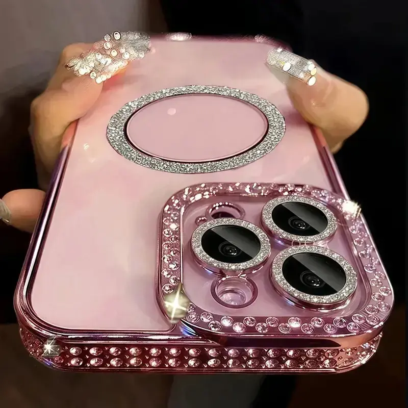 Sparkling Rhinestone Magnetic Phone Case for iPhone 17 Air 16 15 14 13 12 11 Plus Pro Max, Anti-Drop Fashion Women's Cover