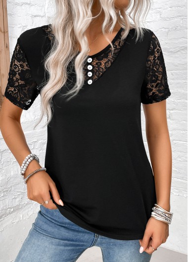 Modlily Black Lace Short Sleeve V Neck T Shirt - XXL