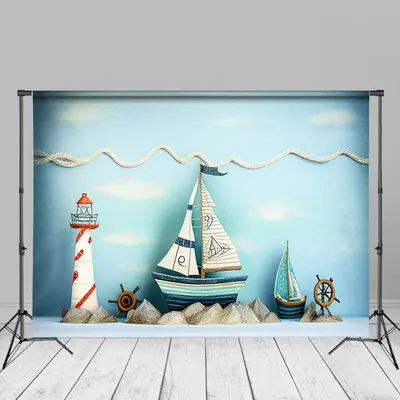 Sailboat Lighthouse Decor Blue Photo Birthday Backdrop - Aperturee