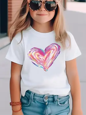 Girl's Heart Print Round Neck Tee, Fashion Casual Crew Neck T-shirt for Daily Outdoor Wear, Cute Kids Clothing for Summer