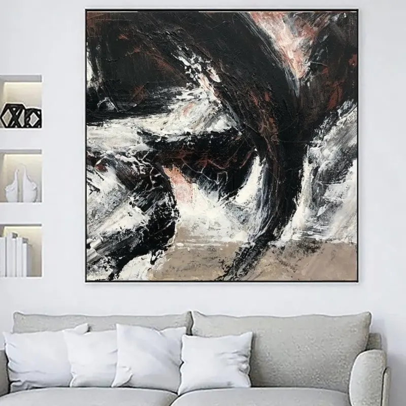 Original Abstract Black And White Paintings On Canvas Modern 50x50 Minimalist Wall Art Textured Painting Hand Painted Artwork...