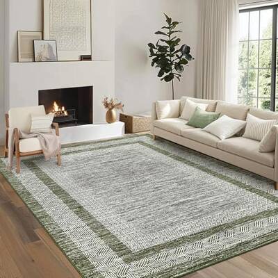 Garvee Bordered Green 10x13 Modern Washable Large Rug – Non-Slip, Non-Shedding Distressed Green Carpet for Living Room, Bed...
