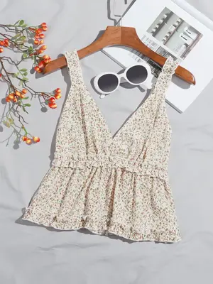 Women's Ditsy Floral Print Frill Trim Shirred Peplum Cami Top, Boho Fashion Deep V Neck Top for Daily Holiday Vacation Wear, ...