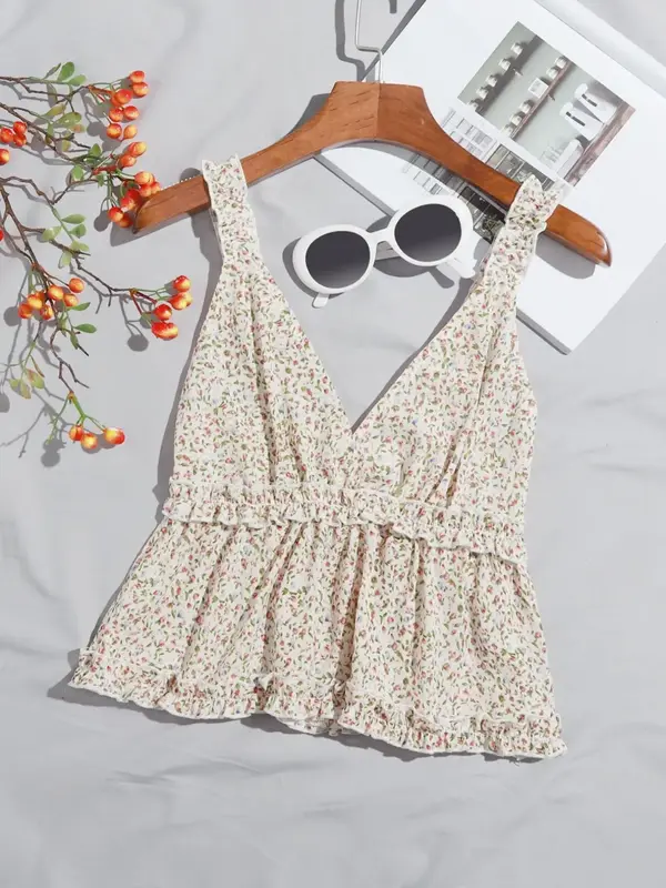 Women's Ditsy Floral Print Frill Trim Shirred Peplum Cami Top, Boho Fashion Deep V Neck Top for Daily Holiday Vacation Wear, ...