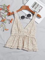 Women's Ditsy Floral Print Frill Trim Shirred Peplum Vintage Sleeveless Cami Top, Boho Fit Fashion Deep V Neck To, Bohemian L...