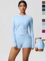Two-Piece Set Women's Solid Zip Up Crop Jacket & Skinny Shorts Tracksuit Set, Sporty Casual Breathable for Yoga Gym Workout R...