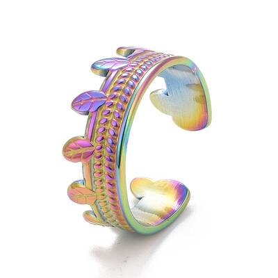 Ion Plating(IP) Rainbow Color 304 Stainless Steel Leaf Open Cuff Ring for Women