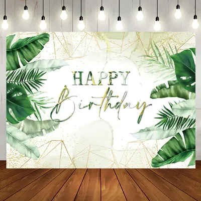 Watercolor Green Leaves Happy Birthday Backdrop - Aperturee