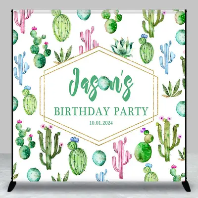 Green Pink Blue Cactus Custom Birthday Backdrop - Aperturee