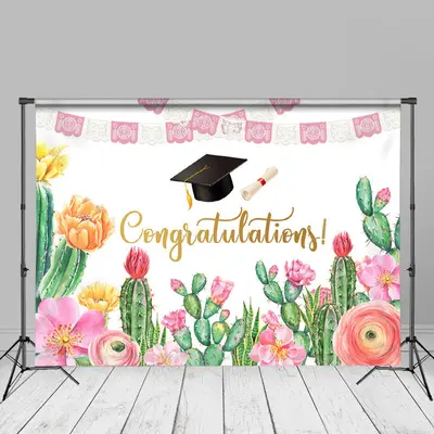 Cactus Floral Flags Congrats Photo Studio Backdrop - Aperturee