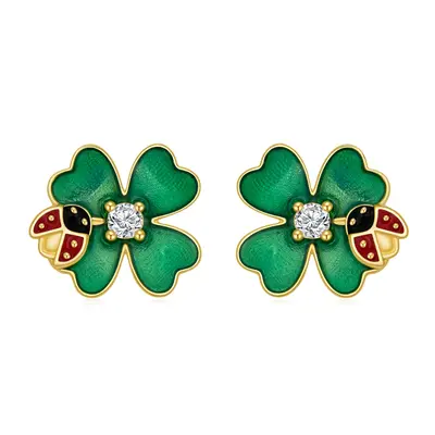 14K Gold Circular Shaped Cubic Zirconia Ladybug & Four Leaf Clover Stud Earrings