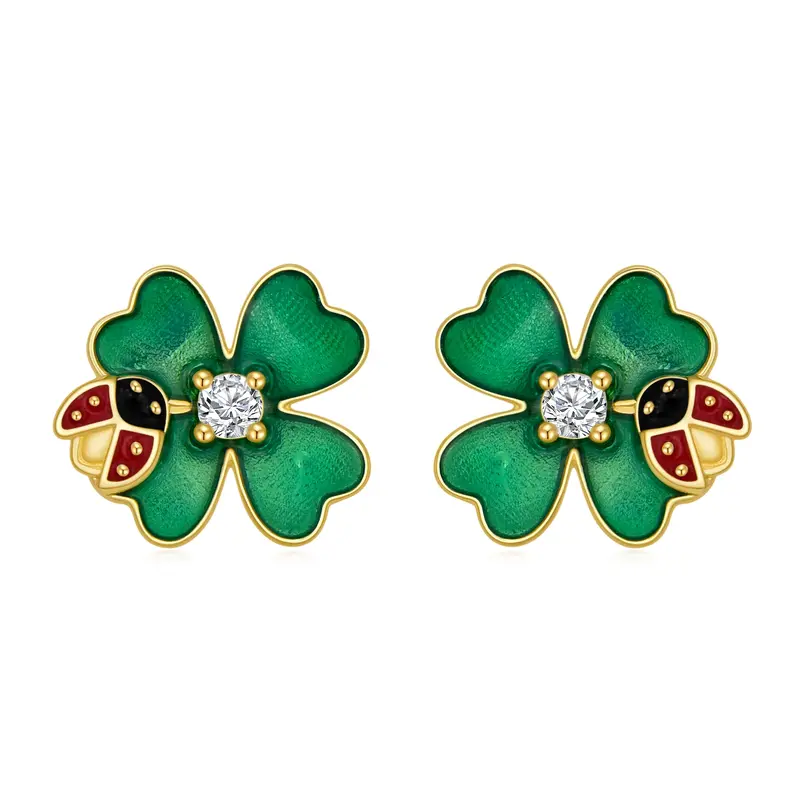 14K Gold Circular Shaped Cubic Zirconia Ladybug & Four Leaf Clover Stud Earrings