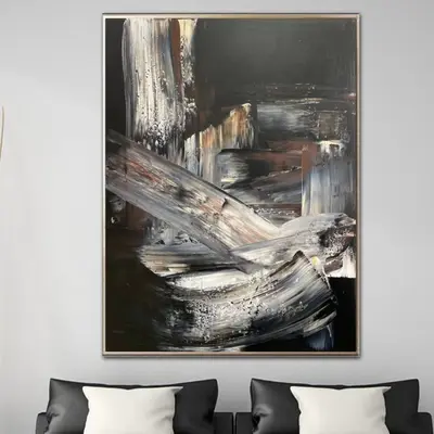 Abstract Oil Painting on Canvas Large Original Oil Painting Modern Art Canvas White on Black Artwork Wall Decor | WHITE LINES