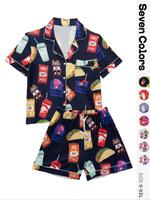 Two-piece Set Women's All Over Print Lapel Shirt & Drawstring Waist Shorts Pyjama, Casual Comfy Short Sleeve Button Up Top & ...