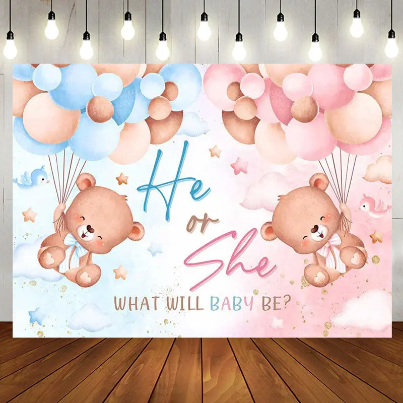 Blue Pink Balloon Teddy Bear Gender Reveal Backdrop - Aperturee