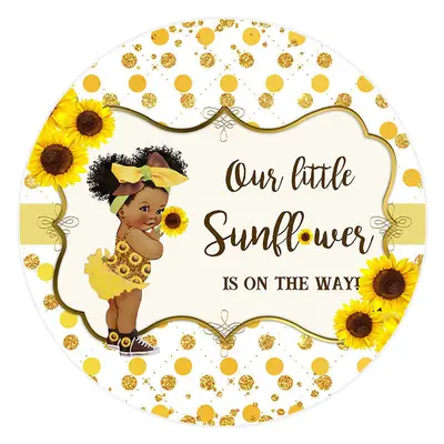 Aperturee Sunflowers Gold Glitter Round Baby Shower Backdrop | Round Backdrop Fabric Cover | Round Baby Shower Backdrop | Cir...