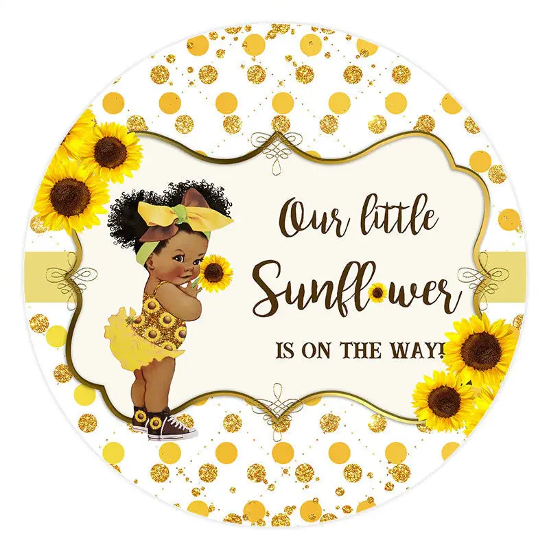 Aperturee Sunflowers Gold Glitter Round Baby Shower Backdrop | Round Backdrop Fabric Cover | Round Baby Shower Backdrop | Cir...