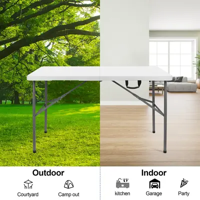 4FT Plastic Folding Table White Straight Legs Fold-in-Half Height Adjustable for Outdoor Indoor Camping Kitchen & Beach Party...