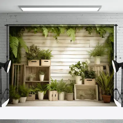 White Wood And Green Plants Photograph Backdrop - Aperturee