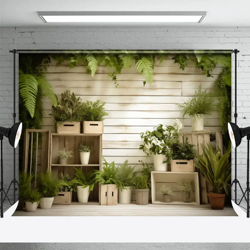 White Wood And Green Plants Photograph Backdrop - Aperturee