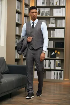 Plaid  Stacy Adams Men's 3-Piece Hybrid Windowpane Plaid Suit Classic Cut