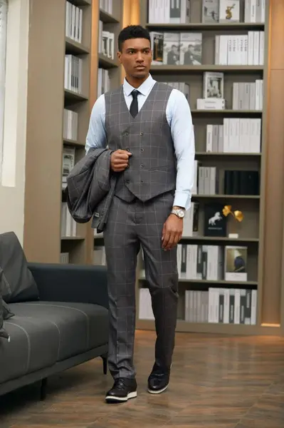 Plaid  Stacy Adams Men's 3-Piece Hybrid Windowpane Plaid Suit Classic Cut