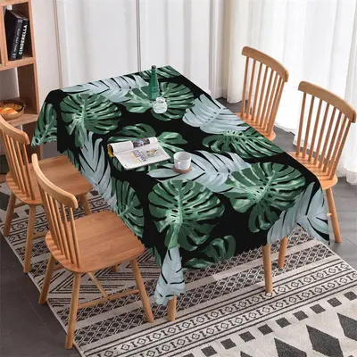 Green Leaves Black Print Spring Rectangle Tablecloth - Aperturee
