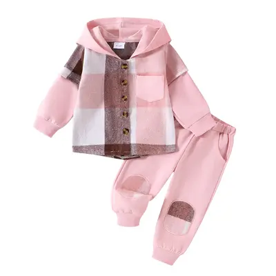 Baby Girls Boys Two Piece Set Infant Toddler Plaid Flannel Hoodies Button-up Sweatshirt Jacket Coat Tops Jogger Pants Fall Wi...