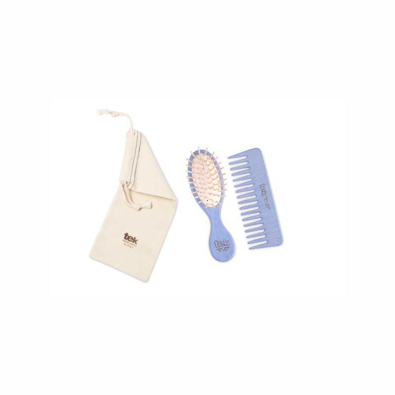 Tek - Blue Mini Wooden Hair Brush & Comb Set | With Natural Cotton Pouch