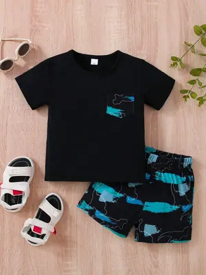 Two-Piece Set Boy's Colorblock Print Short Sleeve Tee & Shorts, Casual Round Neck T-shirt & Shorts for Summer, Kids Clothes f...
