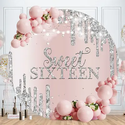 Aperturee Light Rose Gold Sweet 16 Round Birthday Backdrop | Customized Backdrop For Birthday | Custom Circle Backdrop Birthd...