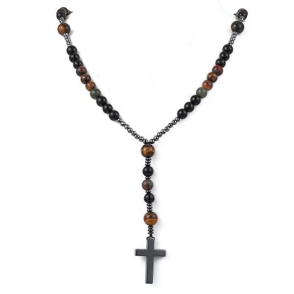 Natural Tiger Eye & Obsidian & Bloodstone Rosary Bead Necklaces