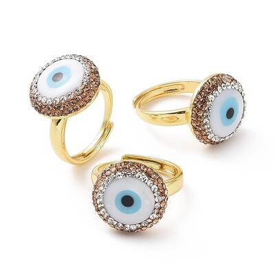 Adjustable Natural Shell Evil Eye Ring with Rhinestone