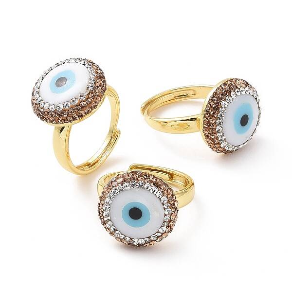 Adjustable Natural Shell Evil Eye Ring with Rhinestone