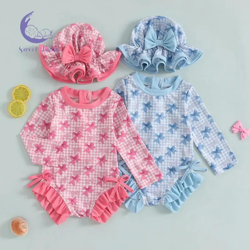 Baby Girl Rash Guard Swimsuit Long Sleeve Bow Plaid Print Bathing Suit Infant Swimwear with Sun Hat Clothes Clothing Top Clot...