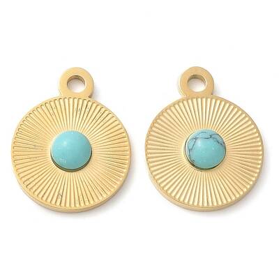 304 Stainless Steel Pave Synthetic Turquoisel Flat Round Charms