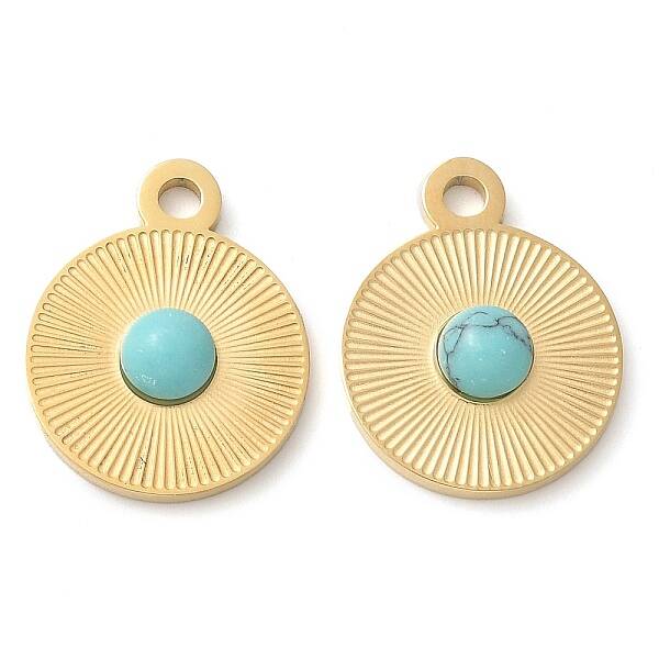 304 Stainless Steel Pave Synthetic Turquoisel Flat Round Charms