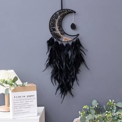 Moon with Tree of Life Natural Obsidian Chips Woven Web/Net with Feather Decorations