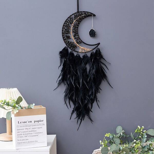 Moon with Tree of Life Natural Obsidian Chips Woven Web/Net with Feather Decorations