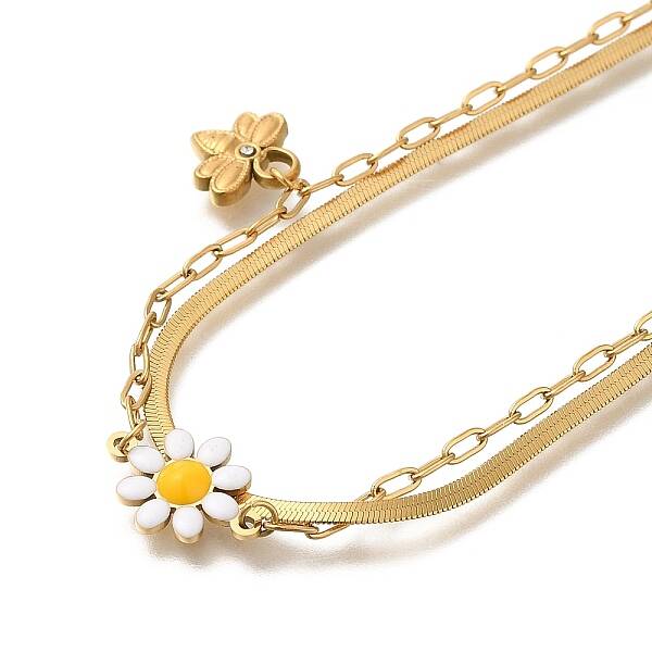 Ion Plating(IP) 304 Stainless Steel Enamel Double Layer Flower & Bees Pendant Necklaces for Women