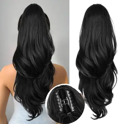 Claw Ponytail Extension, 26Inch Claw Clip in Ponytail Extension for Women Long Black Wavy Layered Pony Tails Hair Extensions ...