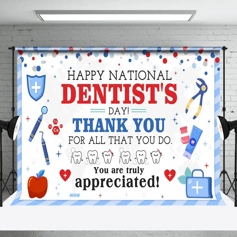 Blue Tooth Tools Happy National Dentists Day Backdrop - Aperturee